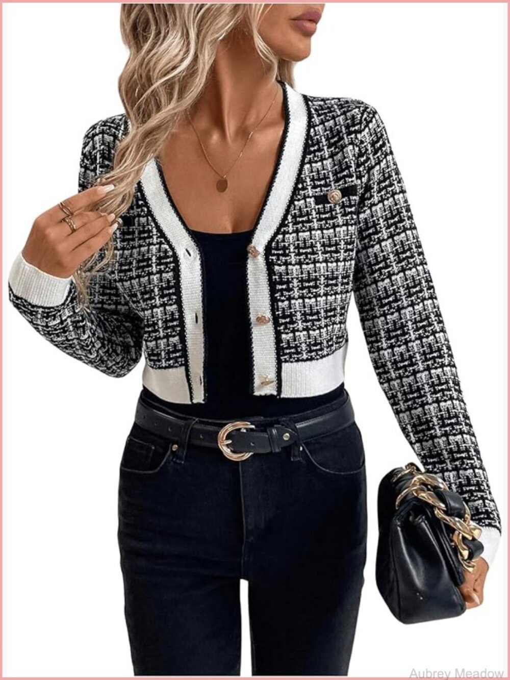 Checkered Button Up Sweater Cardigan Trendy Color Block Long Sleeve Cropped